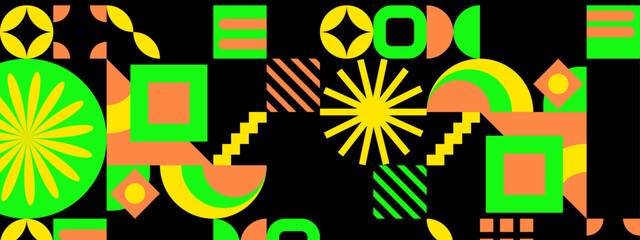 Fototapeta premium Geometric abstract art with yellow, green, and orange shapes suitable for backgrounds, posters, prints, and digital designs. Bright and dynamic.