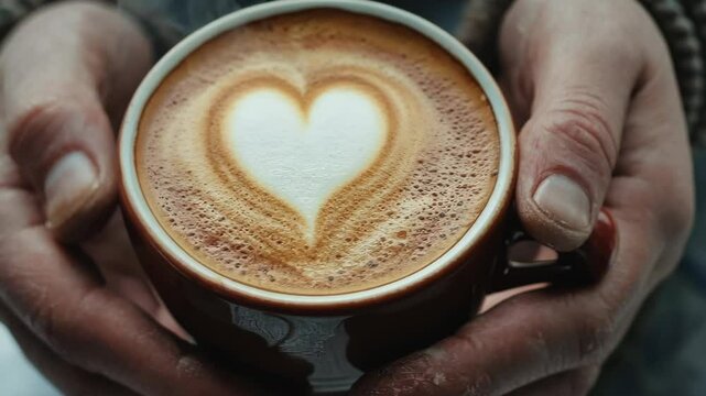 Hands warming heartpatterned latte art in cozy winter setting