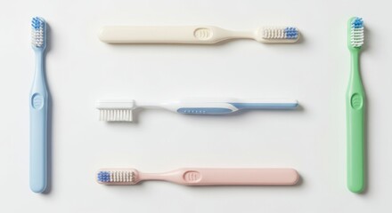 Colorful Toothbrushes Arranged On A White Background Pastel Colors Minimalist