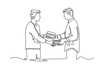 Neighbor sharing concept. Single line draw design. Vector graphic illustration