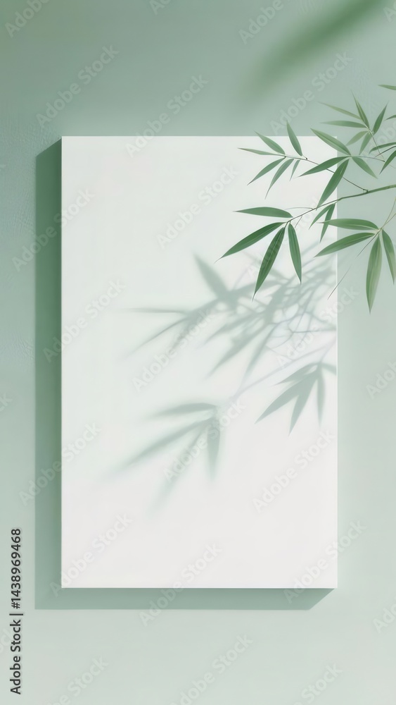 Poster 水色の背景に白いキャンバスと竹の葉の影が映る穏やかなシーン 葉の緑と影が織りなすシンプルなデザイン