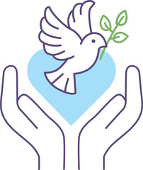 잎사귀를 문 비둘기와 감싸는 두 손, 파란 하트
