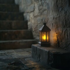 Rustic lantern on stone steps