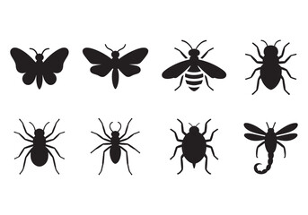 Insects silhouette set, butterfly, moth, bee, dragonfly, spider, ant, and beetle vector collection