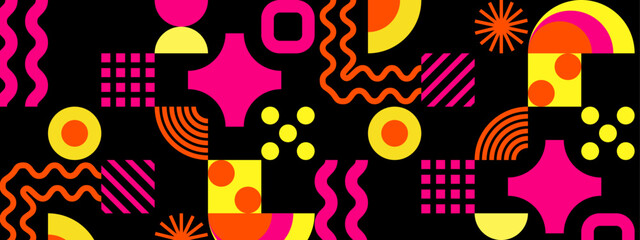 Suitable for backgrounds, prints, textiles, and digital designs. Abstract pattern with pink, yellow, and orange shapes creating a vibrant and modern design.