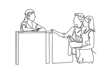 Neighbor sharing concept. Single line draw design. Vector graphic illustration