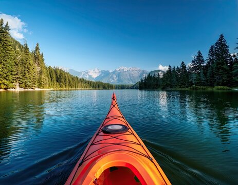 Back view of a kayak floating on a calm lake with mountains and pine trees in the distance