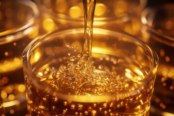 Golden beverage pouring into glass