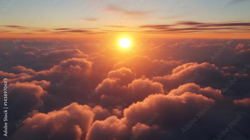 Poster 夕焼けの空に浮かぶ雲と太陽の光の輝き オレンジ色の美しい風景