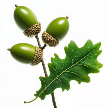 Three Green Acorns and Oak Leaf Isolated on White Background