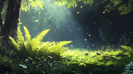 Lush forest floor bathed in sunlight, illuminated by a shaft of light.