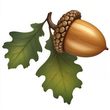 Brown Acorn Cluster with Green Oak Leaves on White Background Captured in Botanical Detail. Perfect for Autumn Harvest Illustrations, Forest Scenes, and Seasonal Design Projects.