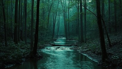 Fototapeta premium Enchanting forest stream with lush greenery creating a serene ambiance