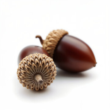 Close-Up View of Textured Acorns on White, Natural Still Life.