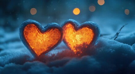 Obraz premium Glowing heart shapes in snowy forest at night. Romantic winter scene