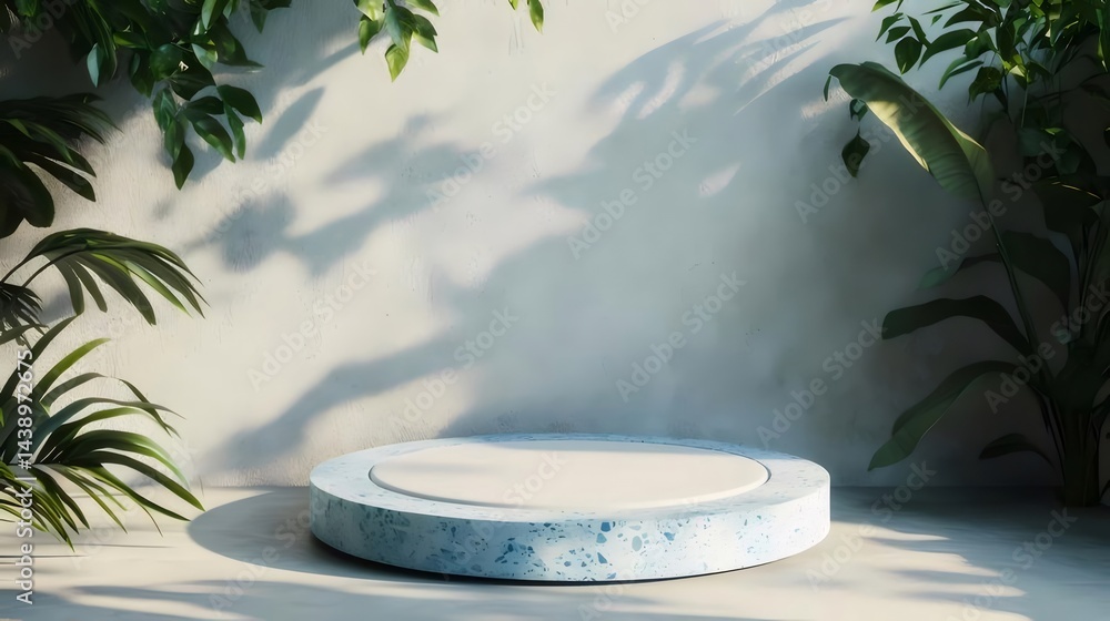 Aufkleber 白いコンクリートの壁と葉の影に囲まれた青い円形ステージ 自然光が当たる屋外展示スペース