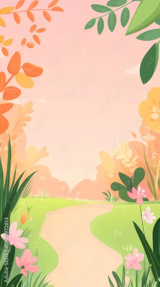 Aufkleber イラストの牧歌的な風景 パステルカラーの柔らかな背景と花の庭園内の小道の風景
