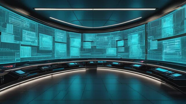 Futuristic control room with a curved wall of glowing blue digital screens and high-tech consoles, designed for data monitoring, cyber operations, technology or sci-fi command center environments.