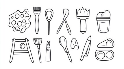 Collection of various artistic tools and supplies in a simple line drawing style.