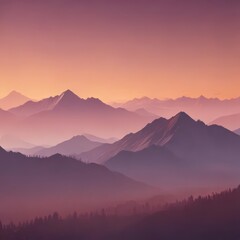Obraz premium Ombre sunset hues paint misty mountain peaks, gradient sky , scenic, dawn, peaceful