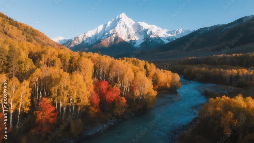 Aufkleber 晩秋の山々と紅葉した樹木と川が織りなす壮大な風景 青空の下 日光が照らす美しい自然
