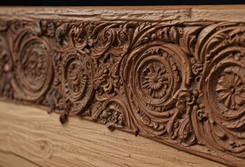 Naklejka premium Intricate carved wood border; deeply distressed, showing natural wood grain , detail, timber, wood