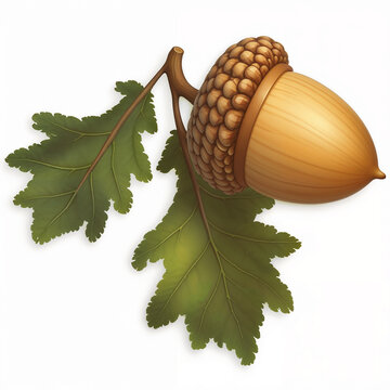 Single Brown Acorn with Green Oak Leaves Isolated on a White Background. Detailed Autumn Botanical Concept Ideal for Seasonal, Harvest, Forest, and Nature Design Projects.