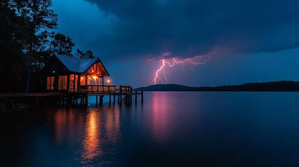 Fototapeta premium A tranquil lakeside cabin illuminated by warm light, facing a dramatic thunderstorm