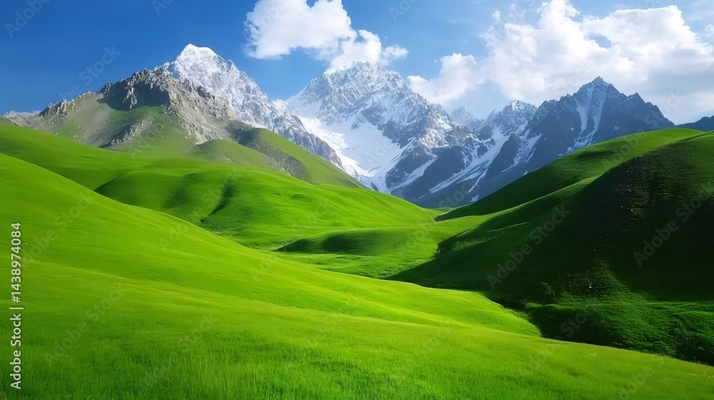 Aufkleber 緑の草地と雪を頂いた山々の風景 晴天の空と雲が広がる壮大な自然