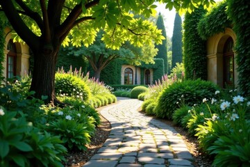 Fototapeta premium Ancient stone path curves through lush villa garden , sunlight, landscaping
