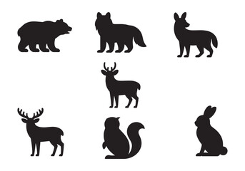Wild forest animal silhouette set, bear, fox, deer, rabbit, squirrel, and wolf wildlife vector