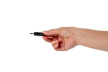 Hand and black audio cable aux isolated on transparent background