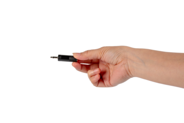 Hand and black audio cable aux isolated on transparent background