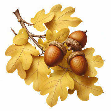 Three Brown Acorns with Yellow Autumn Oak Leaves in a Clustered Botanical Composition. Perfect High-Resolution Illustration for Autumn Harvest, Seasonal Nature Design, and Forest Themes.