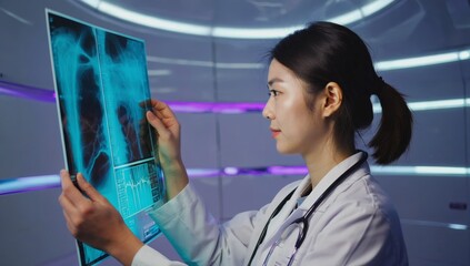 Female doctor examining digital x-ray image with medical data in futuristic environment representing modern healthcare, advanced diagnostics, smart medical technology, and professional patient care.