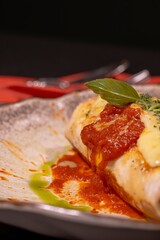 Delicious gourmet burrito with tomato sauce cozy restaurant food photography warm atmosphere close-up shot culinary delight