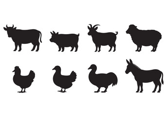 Farm animal silhouette set, cow, pig, goat, sheep, chicken, duck, rooster, and donkey vector