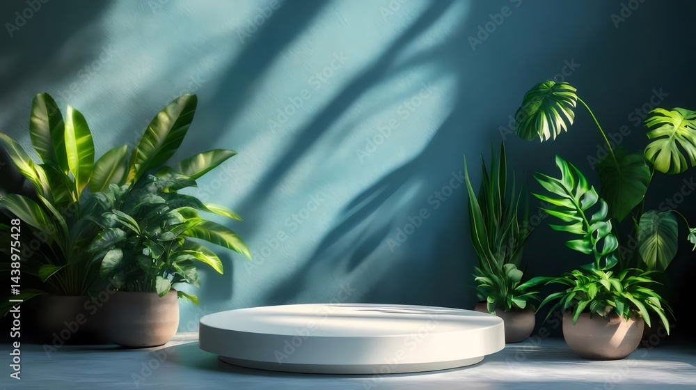 Aufkleber 青い壁を背景に置かれた白い円形台座と様々な鉢植えの緑豊かな植物のスタジオ撮影