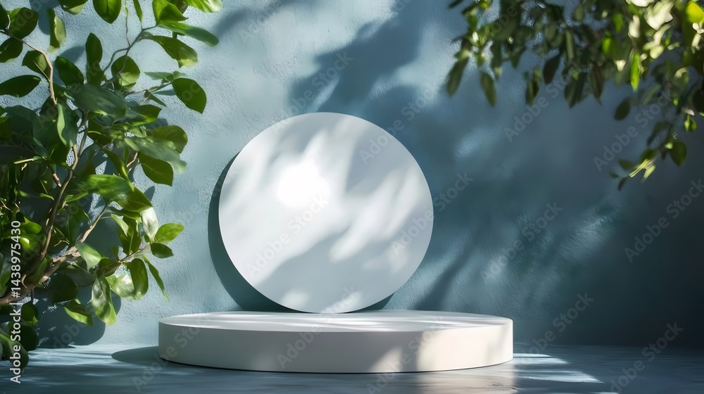 Aufkleber 青い壁と葉の影のある円形ディスプレイ台座のクローズアップ 3dレンダリングされた背景