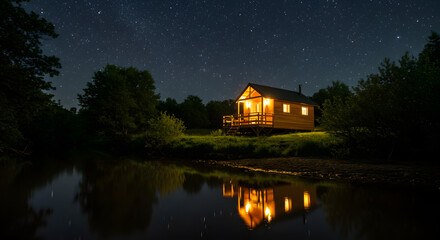 Fototapeta premium Illuminated Cabin by the Lake Under a Starry Night