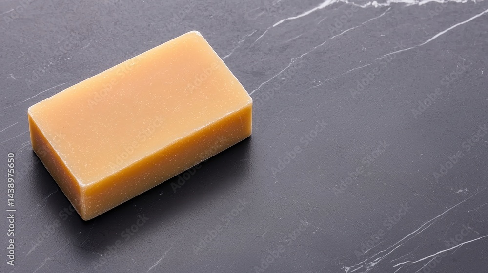 Poster a simple bar of soap placed on a dark marble surface, showcasing its smooth texture and minimalistic