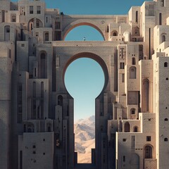 Stone Cityscape: Geometric Architecture in a Digital Rendering