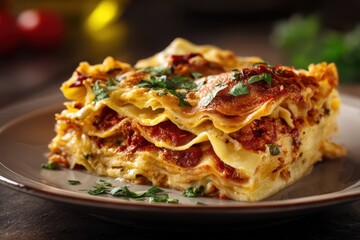 Piece of tasty hot lasagna served with a basil leaf on a gray plate. Italian cuisine, menu, recipe. Homemade meat lasagna. Close up, side view.