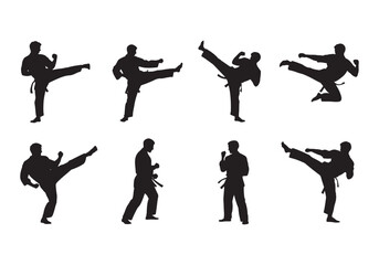 Martial arts fighter silhouette set, karate poses, kicking, punching, and fighting stances vector