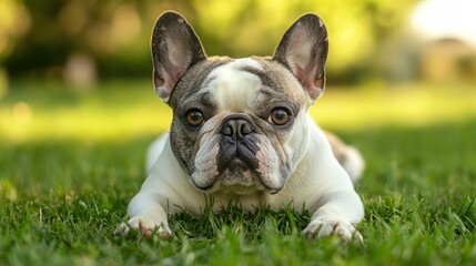 Fototapeta premium Adorable French Bulldog Puppy Lying in Grass