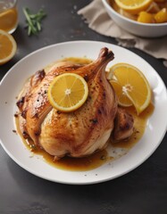 Crispy roasted chicken breast, zesty citrus glaze, white plate,  flavorful,  lime