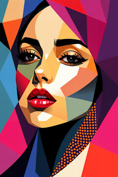 Bright Modern Abstract Geometric Woman Portrait with Patterns