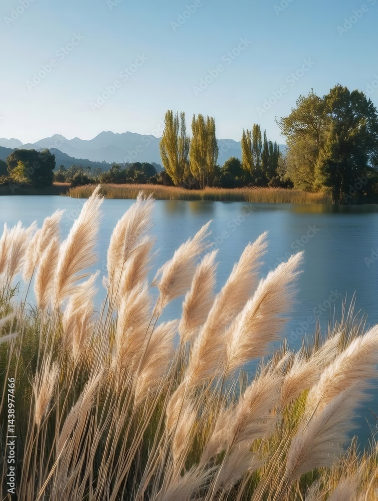 Aufkleber 朝の光の中で輝く湖畔の黄金色の草穂と青い空の風景