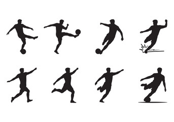 Soccer player silhouette set, football athletes kicking, dribbling, shooting, and playing action vector