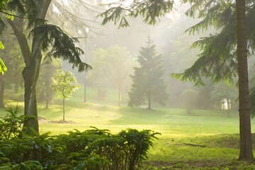 Fototapeta premium Morning serenity nature park landscape photography green background soft blur effect